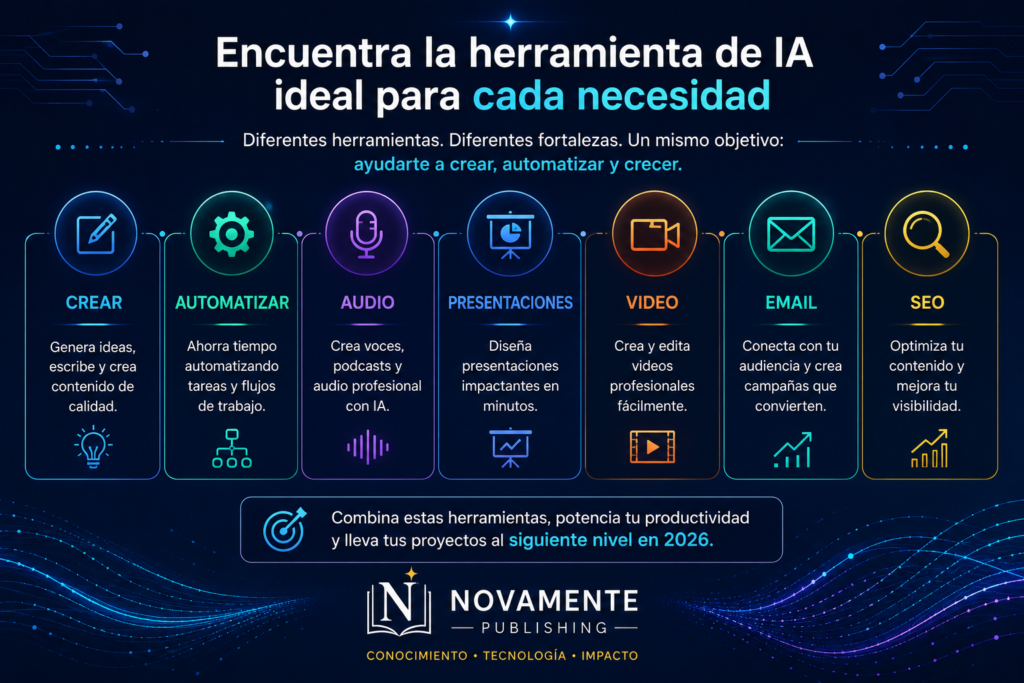 Cómo elegir una herramienta de IA para crear, automatizar, audio, presentaciones, video, email y SEO